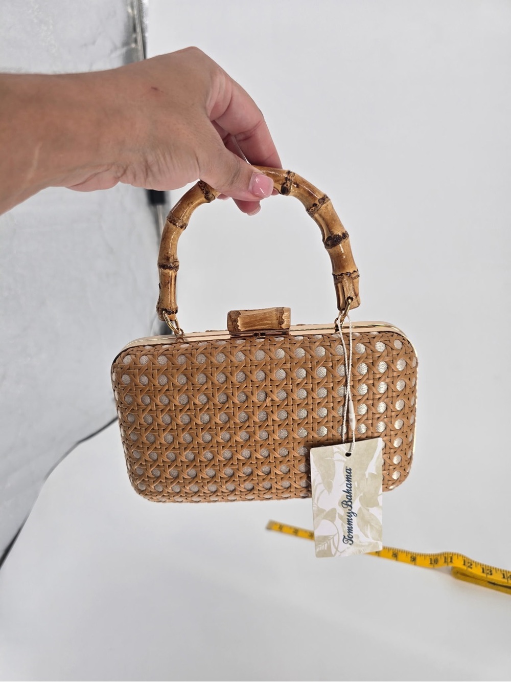 Tommy Bahama Woven Rattan Clutch with Bamboo Handle - Natural Tan